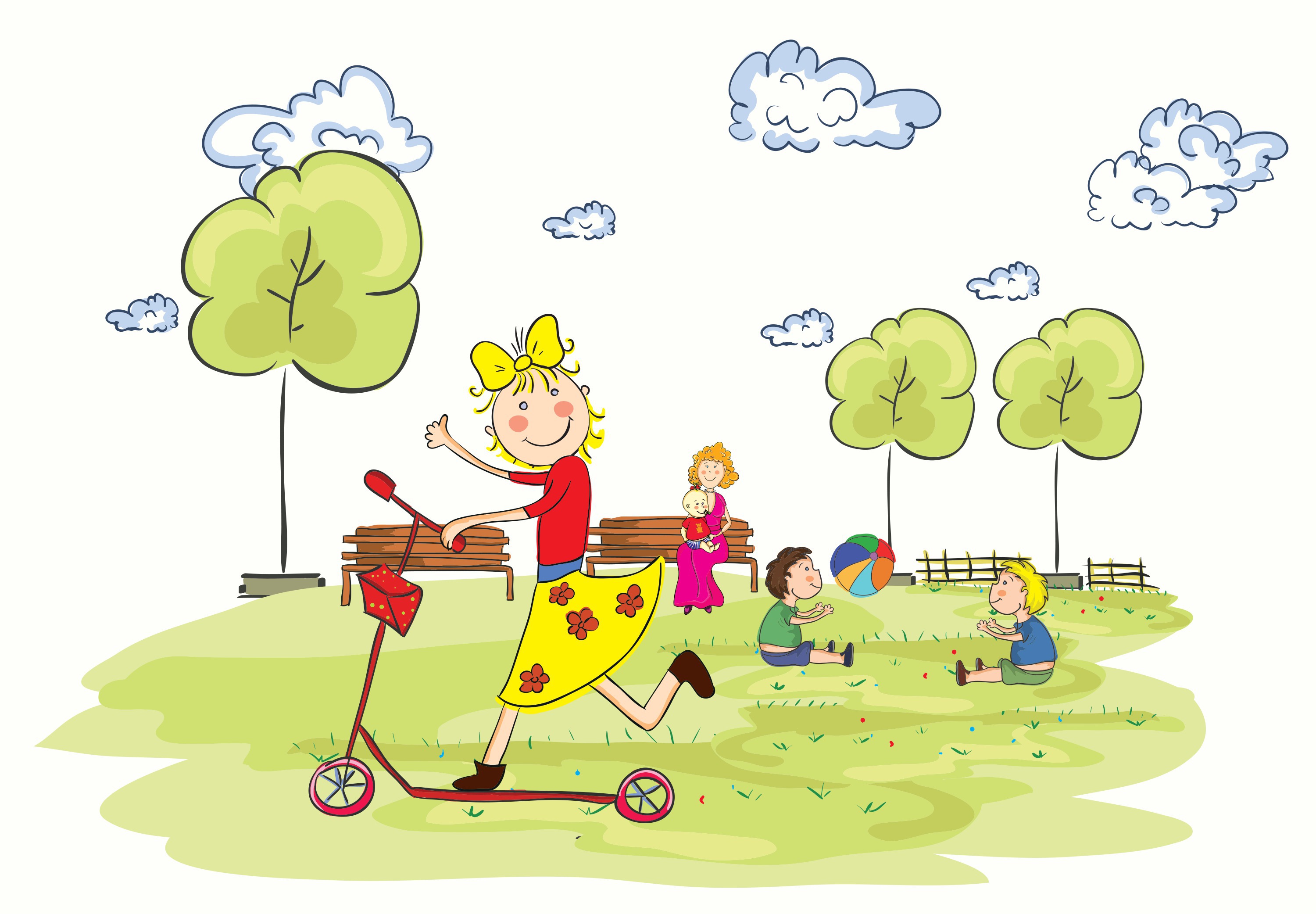 She s in the park. Рисунок лето. Прогулка на свежем воздухе рисунки. Прогулка картинки для детей. Летний рисунок для детей.